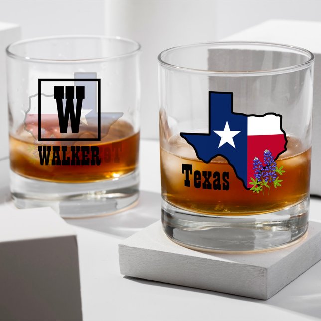 Verre À Whisky Drapeau texan et bleu fleur avec nom personnalisé (Créateur téléchargé)