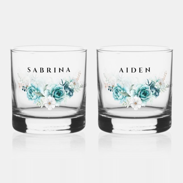Verre À Whisky Dusty Emerald Green Blanc Floral Mariage (Recto)