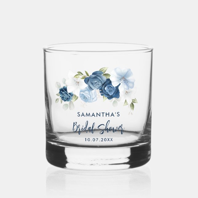 Verre À Whisky Élégant Poussiéreux Bleu Floral Script Enterrement (Recto)