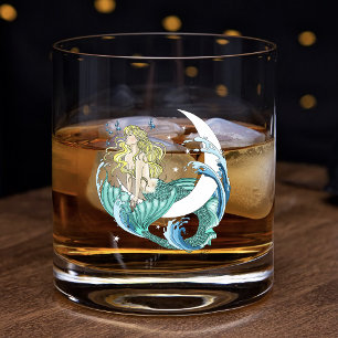 Verre À Whisky Sirène Blonde Lune Croissante Art Déco Fantastique