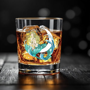 Verre À Whisky Sirène Blonde Lune Croissante Art Déco Fantastique