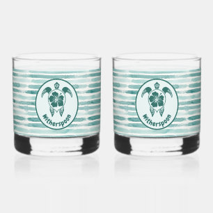 Verre À Whisky Tortue Tropicale Personnalisée et Fleurs d'Hibiscu