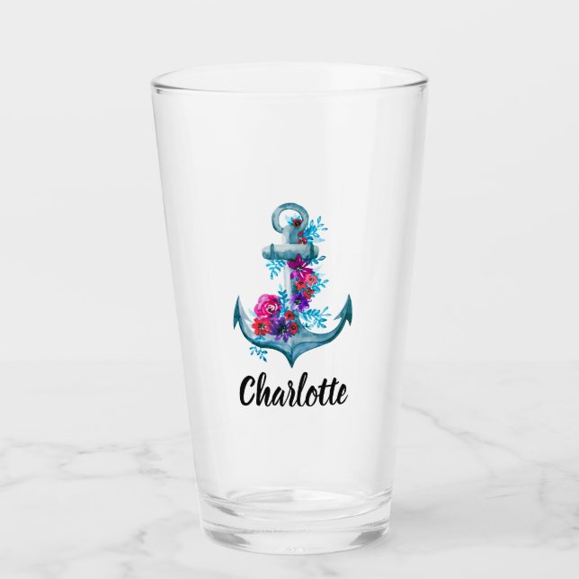Verre Ancre d'aquarelle florale marine personnalisée (Devant)
