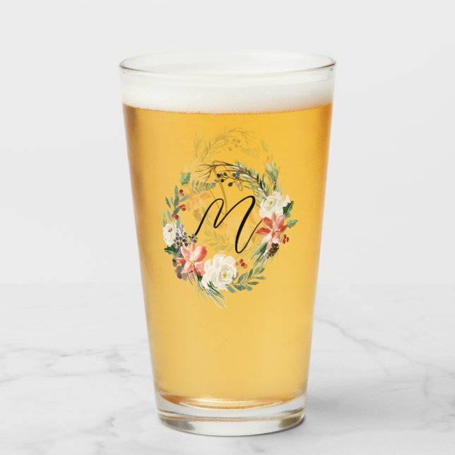 Verre Aquarelle Floral Wreath Monogramme Noël (Devant (rempli))