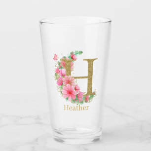 Verre Aquarelle Or et Monogramme Floral Lettre H