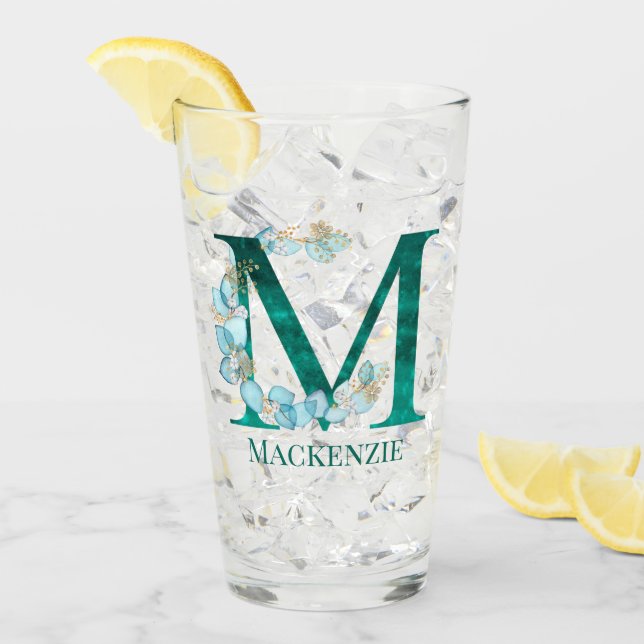 Verre Aquarelle Turquoise et or Monogramme lettre M (Devant glace)