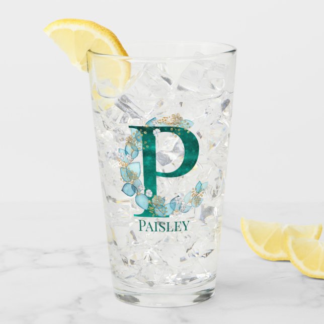 Verre Aquarelle Turquoise et or Monogramme lettre P (Devant glace)