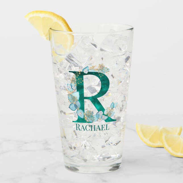 Verre Aquarelle Turquoise et or Monogramme lettre R (Devant glace)