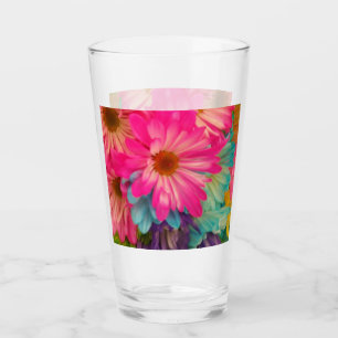 Verre Bleu rose et marguerites jaunes