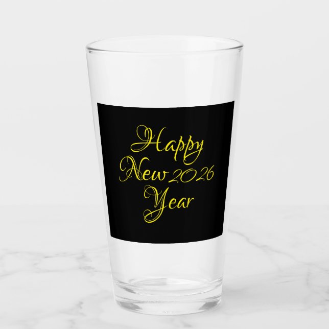 Verre Bonne année 2026 Script noir et jaune (Devant)