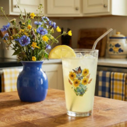 Verre Bouquet de tournesol et papillon joyeux Pint