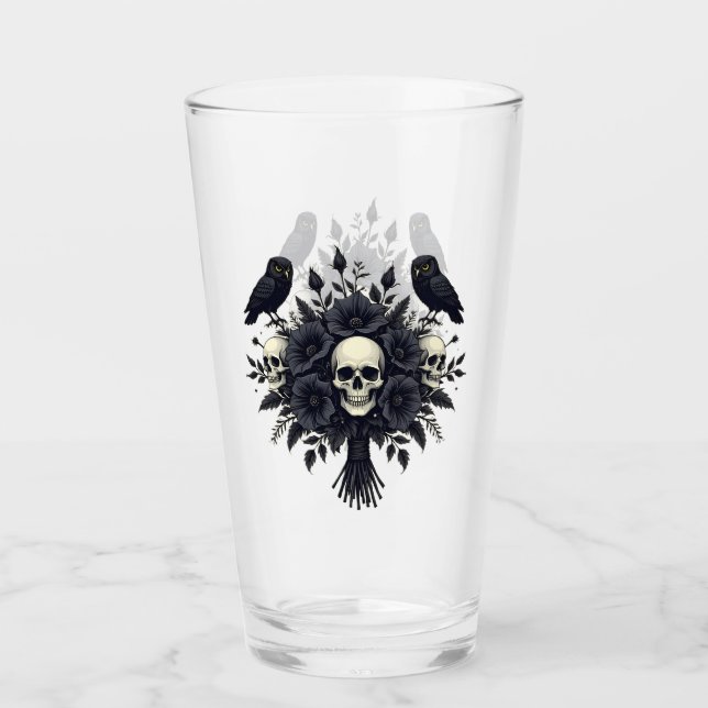 Verre Bouquet Goth avec trois crânes et deux hiboux (Devant)