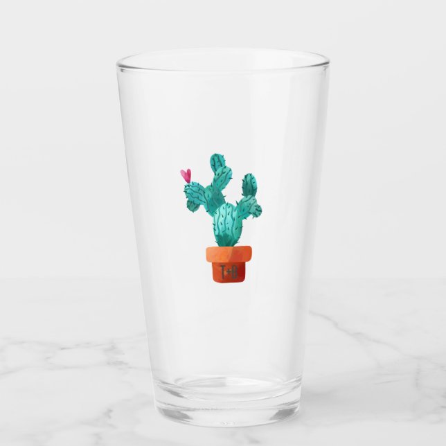 Verre Cactus Coeur Couple Initiales Mariage Rose Vert (Devant)