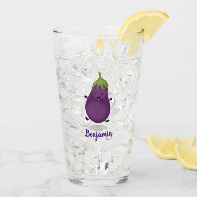 Verre Caricature d'aubergine d'aubergine joliment heureu (Dos glace)