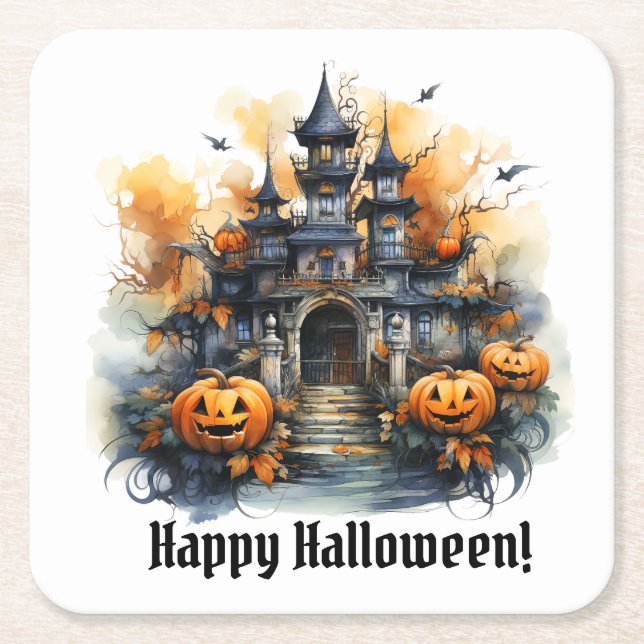 Verre Carré Éffrayant Haunted Castle Halloween Dessous de verr (Devant)