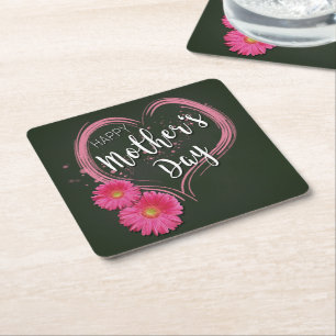 Verre Carré Fleurs de Coeur Rose Fête des Mères - Dessous de v