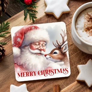 Verre Carré Père Noël Classique Mignon Rudolph Dessous de Verr