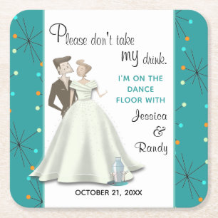 Verre Carré Retro Bride & Groom Enregistrer mon Dessous de ver