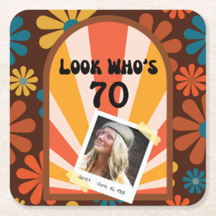 Verre Carré Retro Flower Sunrise Photo Anniversaire Dessous de