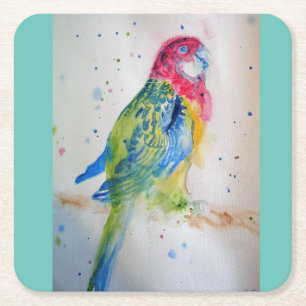 Verre Carré Rosella Parrot oiseau art Aquarelle Dessous de ver