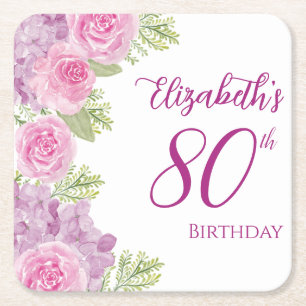 Verre Carré Roses Aquarelles Roses 80e Anniversaire Dessous de