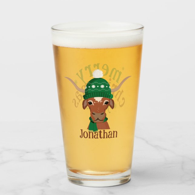 Verre Cartoon Longhorn en Casquette Ski Vert et Écarf (Devant (rempli))