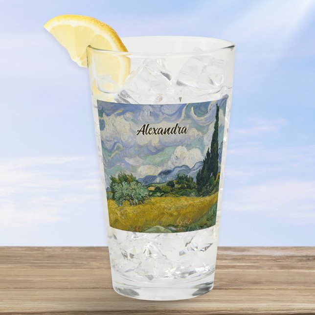 Verre Champ de blé Van Gogh avec Cyprès Nom personnalisé (A personalized glass featuring Van Gogh's art "Wheat Field with Cypresses" and inspiring quote)