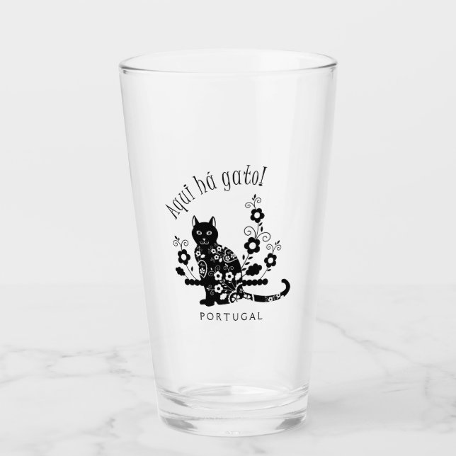 Verre Chat noir avec fleurs et expression portugaise (Devant)