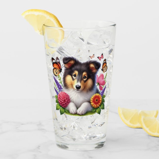 Verre Chien-mouton Shetland avec fleurs et papillons (Devant glace)