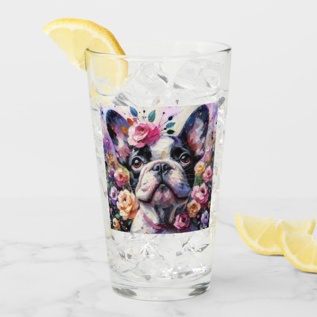 Verre Chien Rose Floral Rose Blanc Noir Blanc (Devant glace)