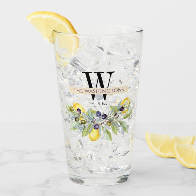 Verre Citrons toscans Olives Monogramme Nom Boire (Devant glace)