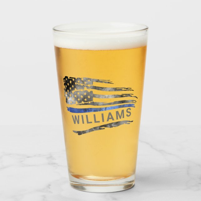 Verre de bière Edgy Blue mince Line avec nom (Devant (rempli))