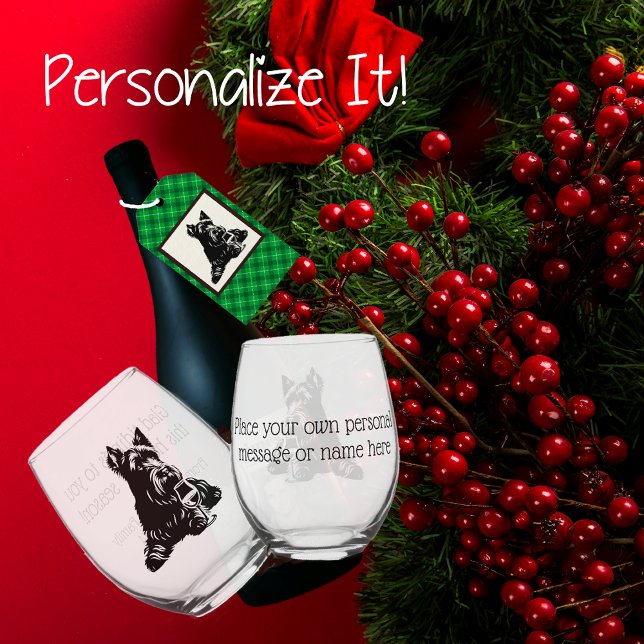 Verre de vin de vacances Scotty Dog customisé (Handsome Scottish Terrier enjoys a glass of wine. Personalize the back!)