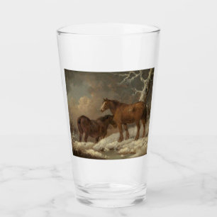 Verre Deux chevaux dans la neige (scène hivernale)