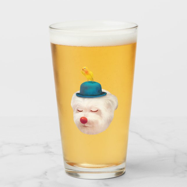 Verre Dreamy Clown Dog: Smiling Bichon with Blue Hat (Devant (rempli))