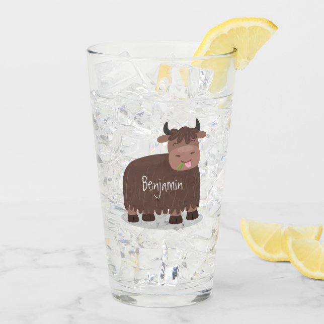 Verre Drôle joyeux yak mangeant de l'herbe dessin d'illu (Dos glace)