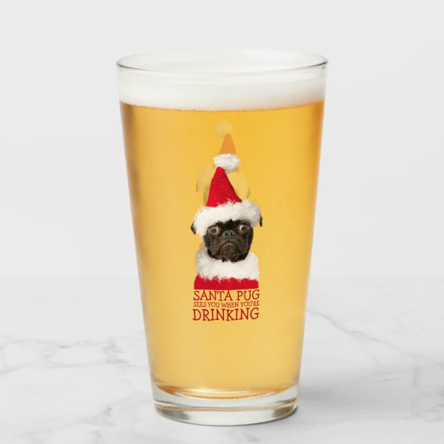 Verre Drôle mignon Carlin noir Santa Hat Noël (Devant (rempli))
