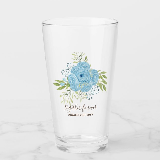Verre Dusty Blue Roses NewlyWeds Mariage cadeau personne (Devant)