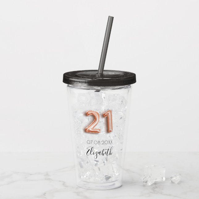 Verre En Acrylique 21e anniversaire rose or nom (Dos glace)