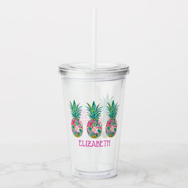 Verre En Acrylique Ananas tropical rose et vert (Devant)