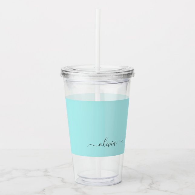 Verre En Acrylique Aqua Blue Turquoise Moderne Script Girl Monogramme (Devant)
