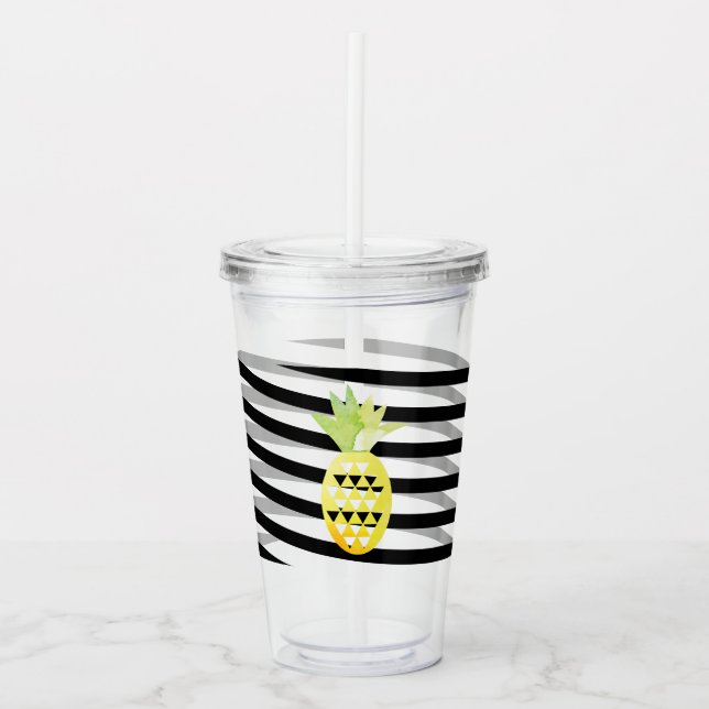 Verre En Acrylique Aquarelle ananas ruban rayures Monogramme (Devant)