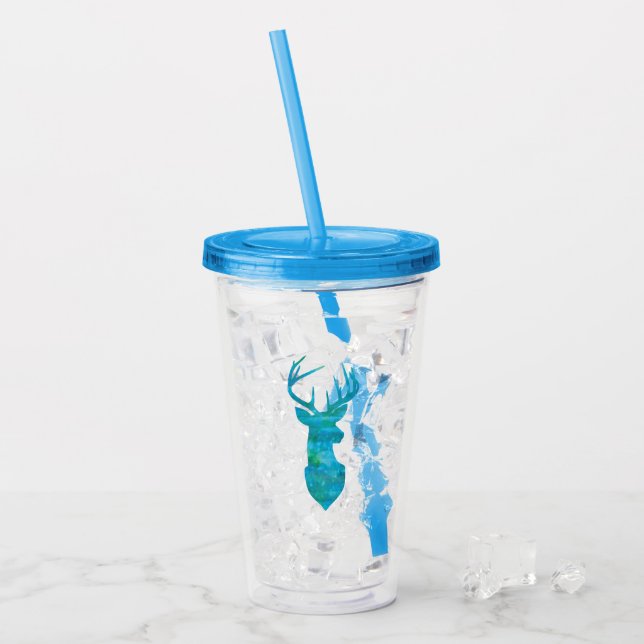 Verre En Acrylique Aquarelle bleue Cerf Silhouette (Devant glace)