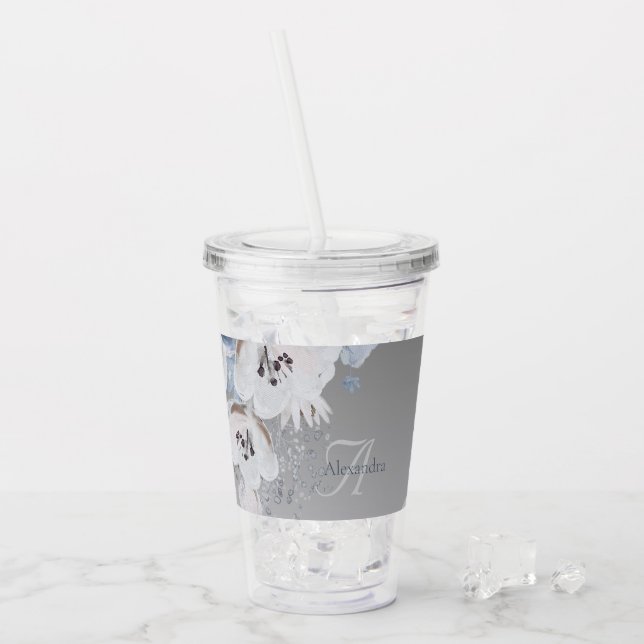 Verre En Acrylique Aquarelle d'hiver Monogramme floral personnalisé (Devant glace)