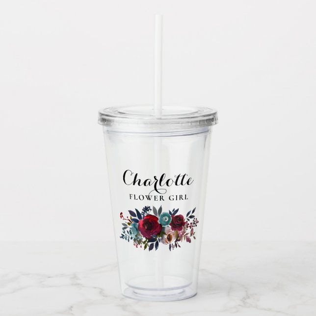Verre En Acrylique Aquarelle Floral Bourgogne Fleur Mariage (Devant)