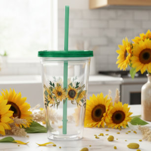 Verre En Acrylique Belle Aquarelle Jaune Tournesol Floral