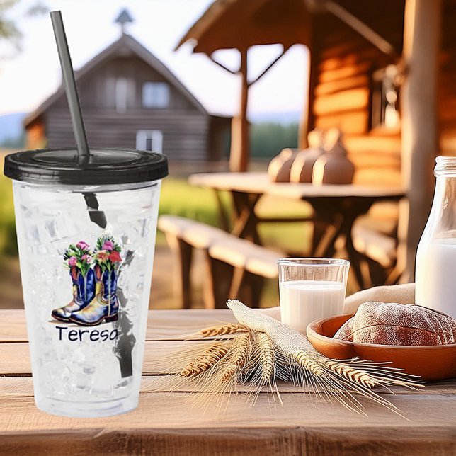 Verre En Acrylique Bottes de cowgirl florales personnalisées (Créateur téléchargé)
