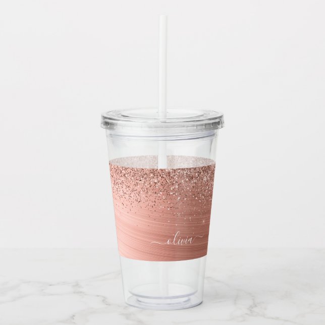 Verre En Acrylique Brushed metal rose Gold Pink Glitter Monogram (Devant)