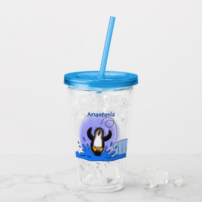 Verre En Acrylique Caricature de manchot joyeux sautant (Dos glace)