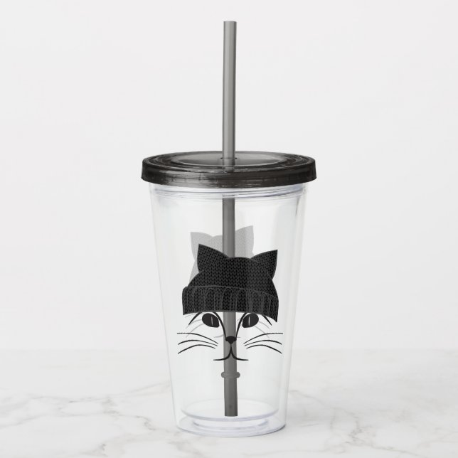 Verre En Acrylique Chat Hipster portant un Casquette laineux (Devant)